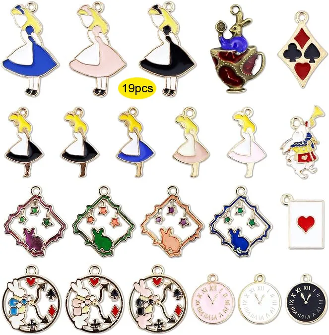 19PCS Assorted Gold Plated Enamel Alice Wonderland Wreath Charm Pendant DIY for Necklace Bracelet Jewelry Making and Crafting