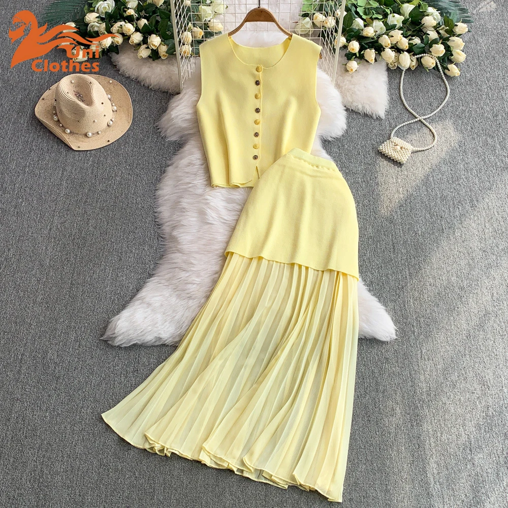 

UNI Women 2 Piece Set O-Neck Sleeveless Button Knitted Vest Top+Elegant Splicing High Waist Zipper Long Skirts Holiday Suits