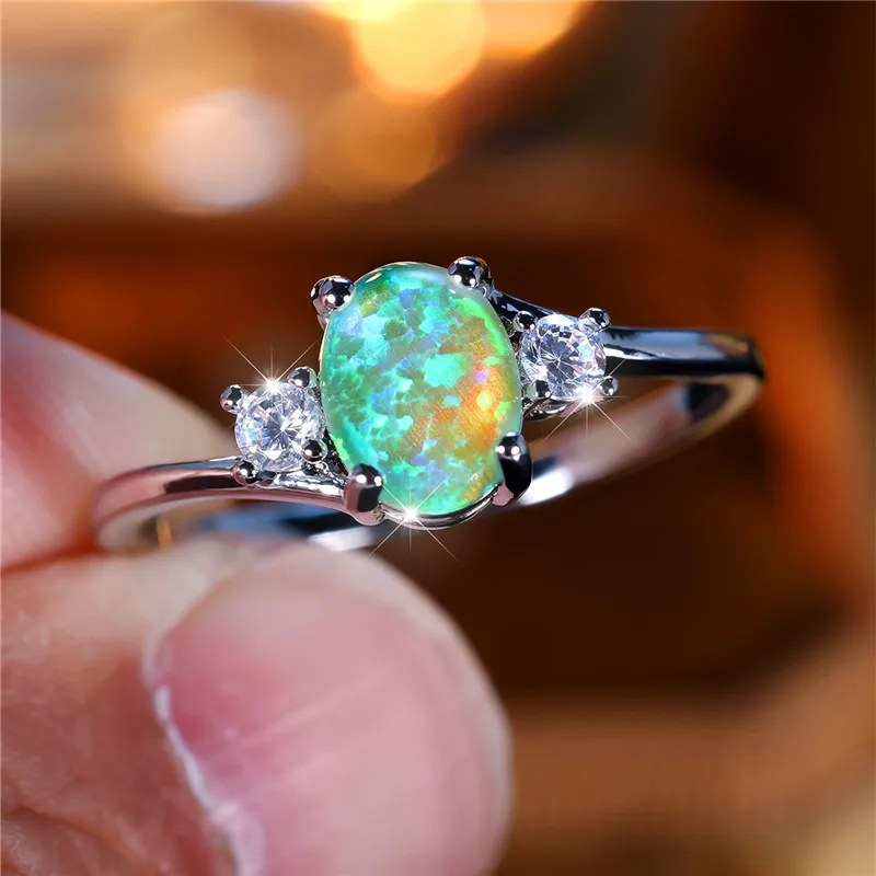 Cute Female Green Fire Opal Oval Stone Ring Fashion Silver Color Wedding Engagement Jewelry For Women