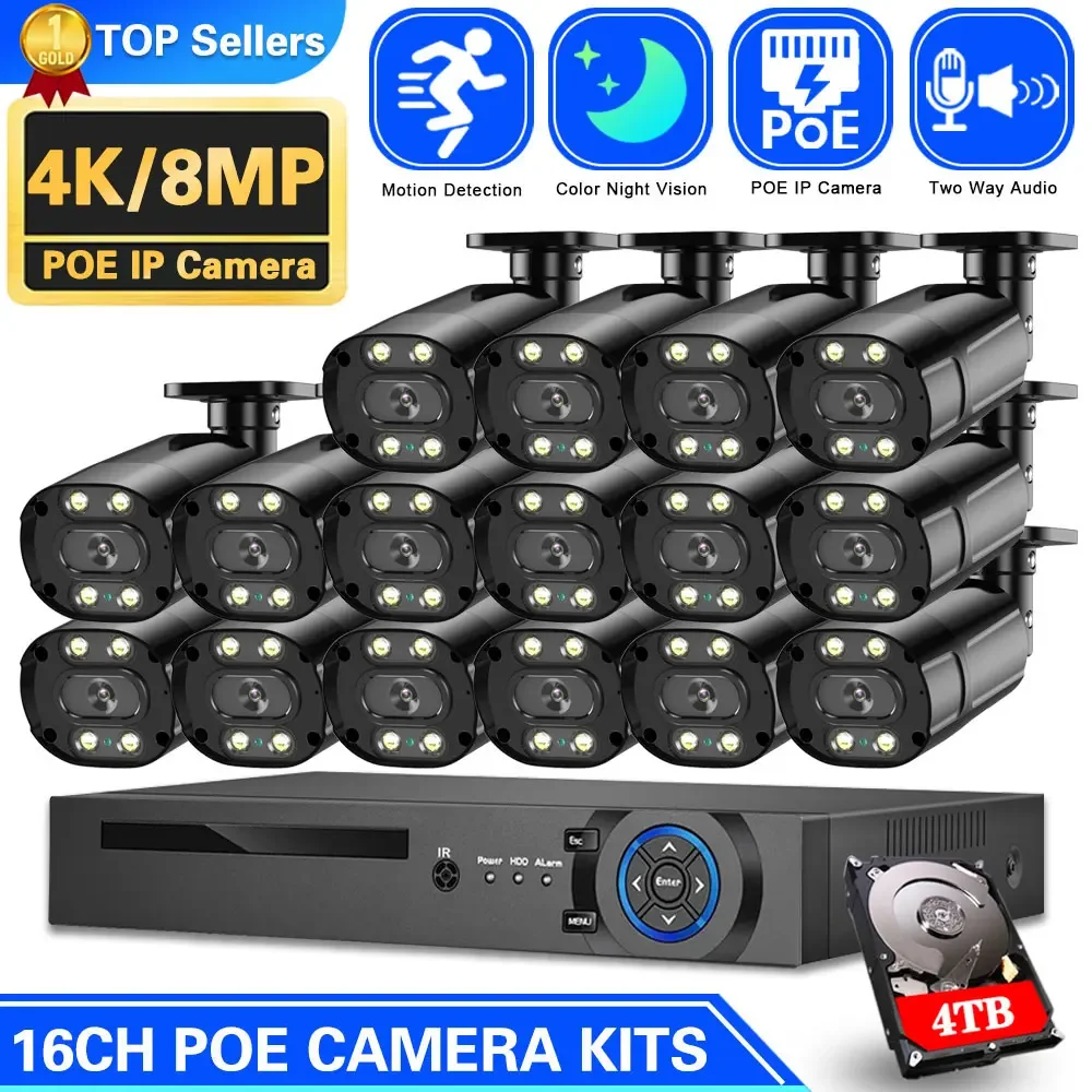 

4K POE CCTV Camera Security System Kit 16CH NVR Kit Full Color Night Vision IP Camera Video Surveillance Two Way Audio System