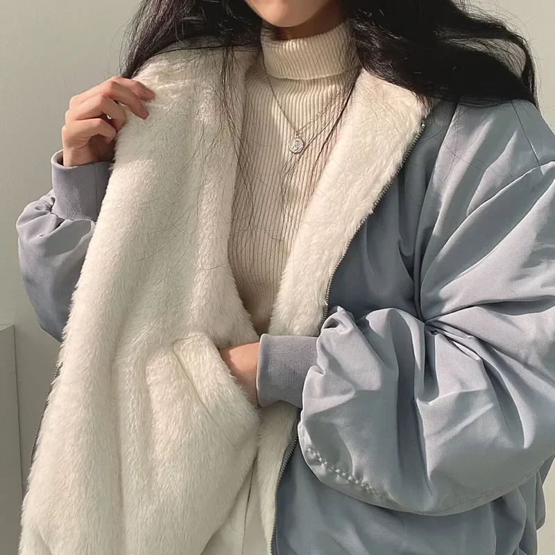 Otoño Invierno chaquetas gruesas mujeres Casual suelta cremallera cálido polar con capucha Parkas mujer doble capa Simple abrigos de felpa