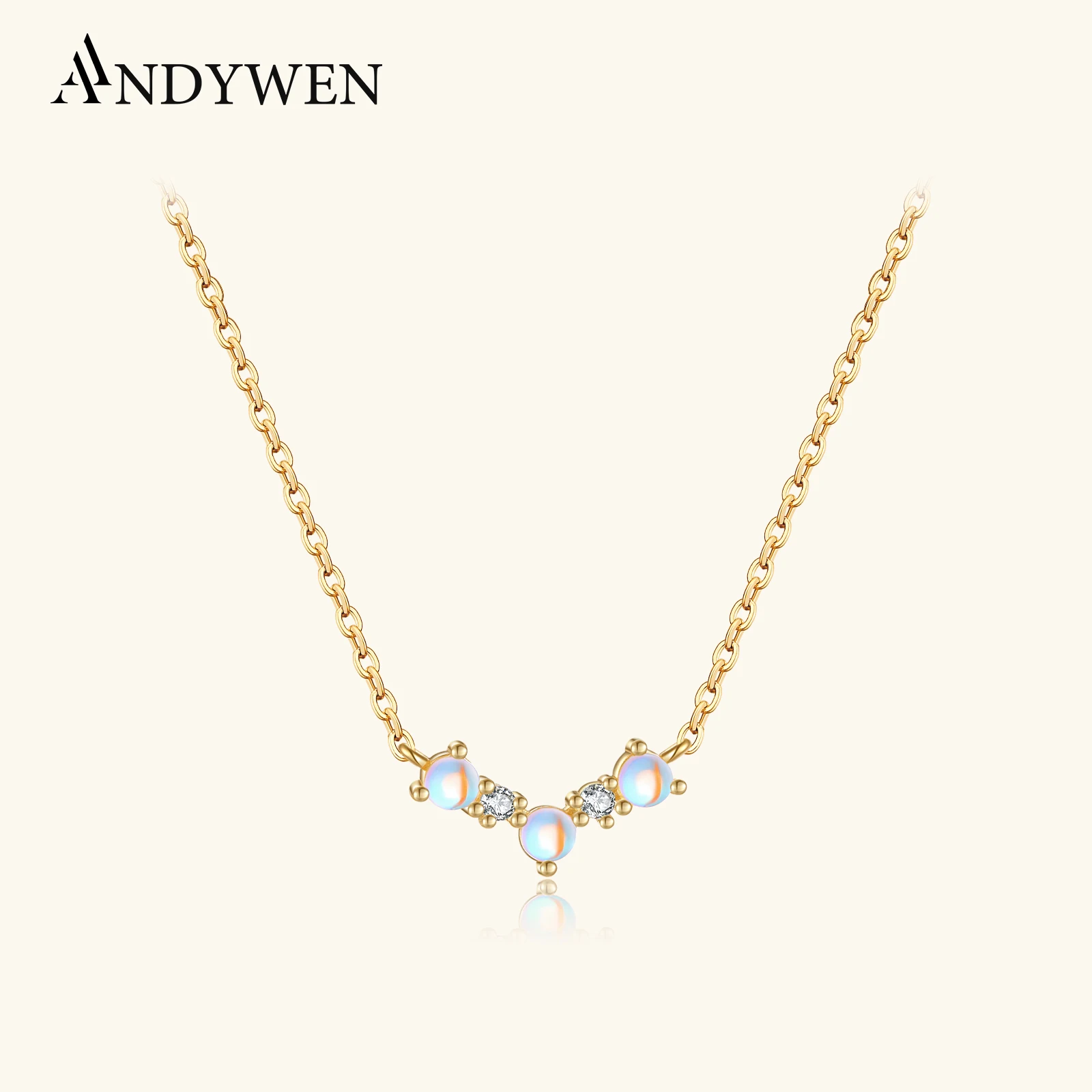 

ANDYWEN 925 Sterling Silver Gold MoonStone Queen Drop Choker Long Chain Crystal Necklace Women Fine Jewelry Luxury Wedding Gift