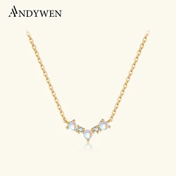 ANDYWEN 925 Sterling Silver Gold MoonStone Queen Drop Choker Long Chain Crystal Necklace Women Fine Jewelry Luxury Wedding Gift