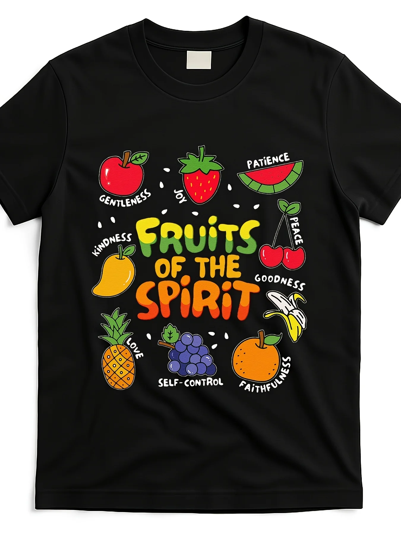 

Футболка с рисунком «Фрукты Святого Духа Христа» — черная, с цветными фруктами и иллюстрациями и добродением, мужская и женская для взрослых