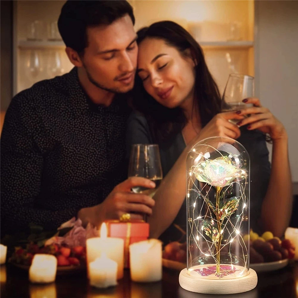 母の日の花のギフト カラフルな造花 ギャラクシーローズ ガラスドームにLEDライト付き 娘からの母のギフト