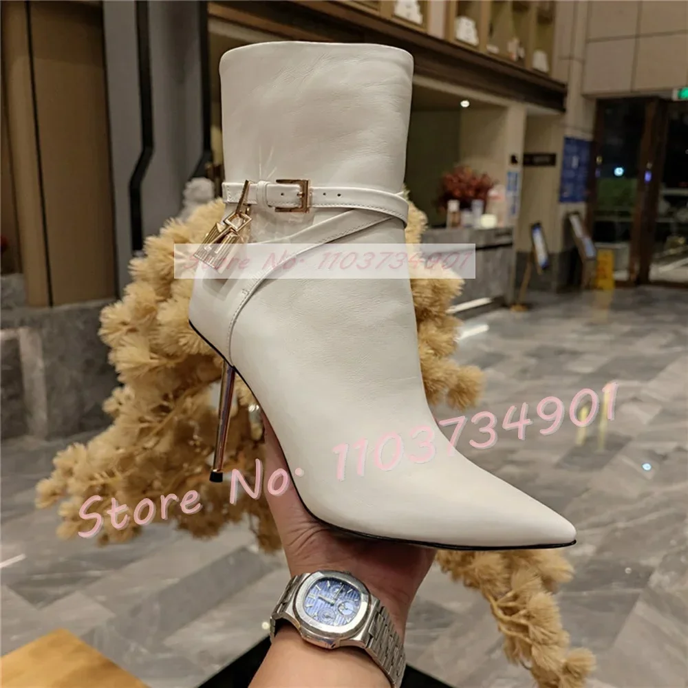 Gold Lock Metal Heels Pointed Toe Boots Ladies Zipper Belt Buckle Patent Leather High Heels Shoes Women Sexy Mid Calf Boots