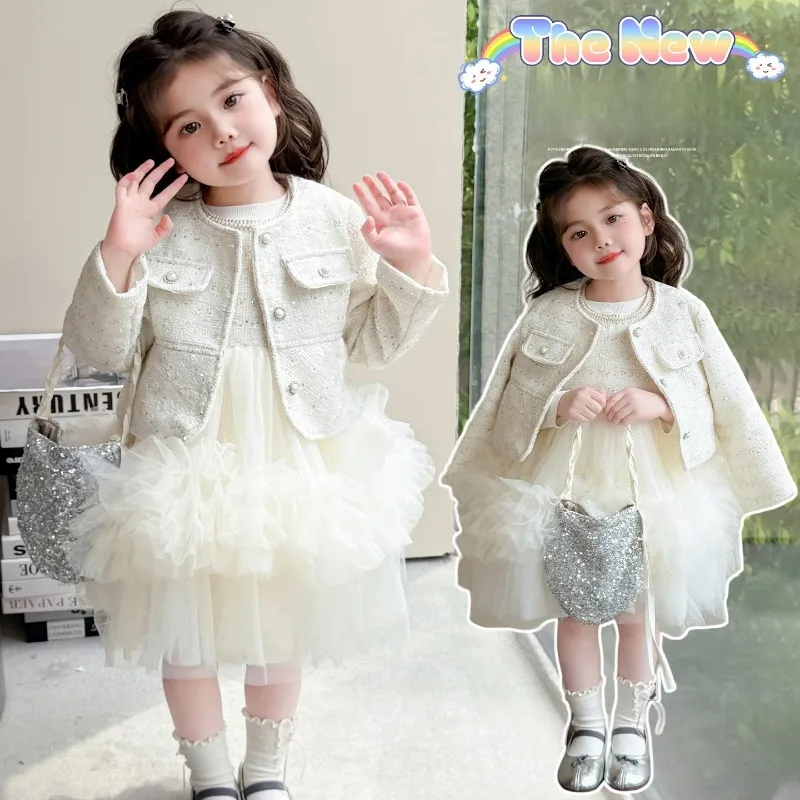 Children Sweet Clothing Set Fashion Children Beading Coat+ Tutu Dress Vintage Princess Outfits Suit Autumn Spring 2025 New