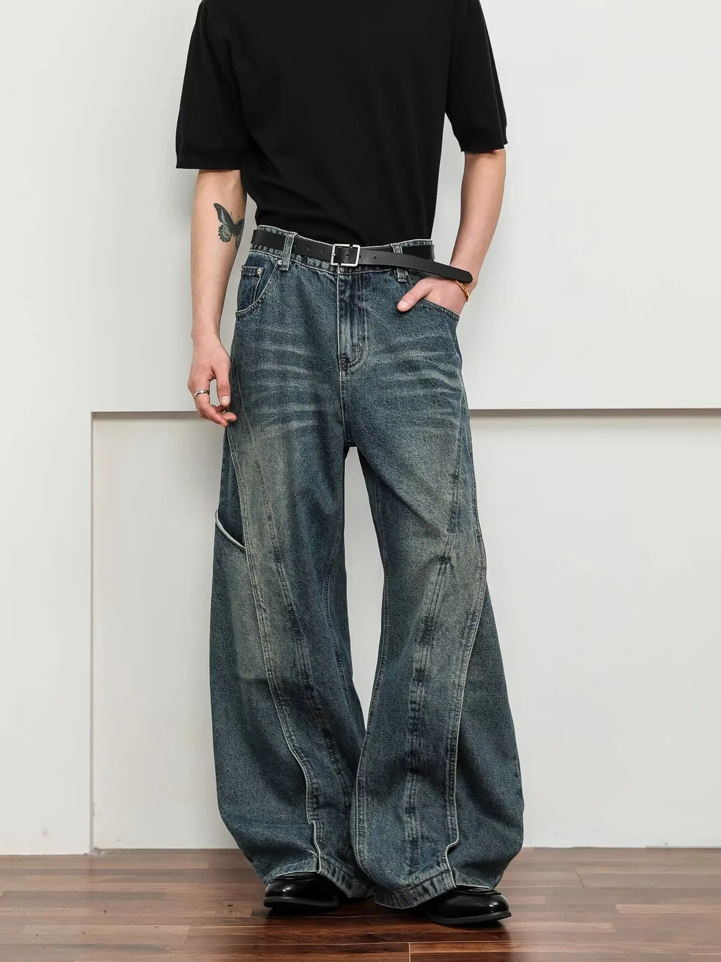 

Винтажные мужские мешковатые джинсы, брюки-капельки, новинка 2026, уличная одежда, широкие свободные джинсовые брюки, модные потертые прямые брюки-карго