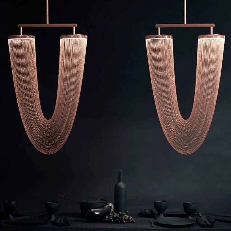 

Nordic LED dining room ceiling chandelier, aluminium pendant lamp, tassel lustre, silver, dimmable home interior lighting
