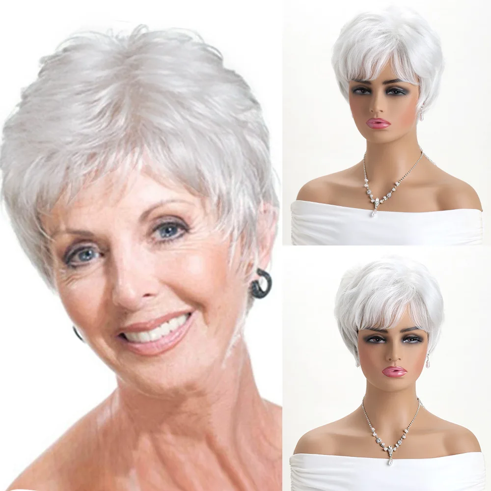 European and American Women Synthetic White Wig Short Straight Hair Headgear Female Slanted Bangs