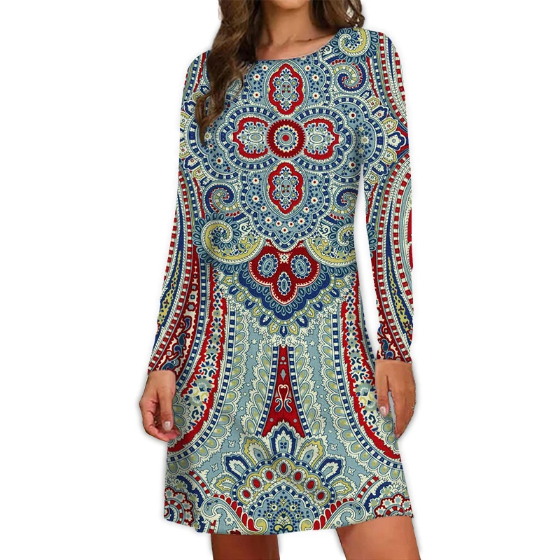 2024 Fall New Arrival Women\'s Dresses Ethnic Style Bohemian 3D Printing Dress Vintage Casual Loose Long-Sleeve Fashion Clothing