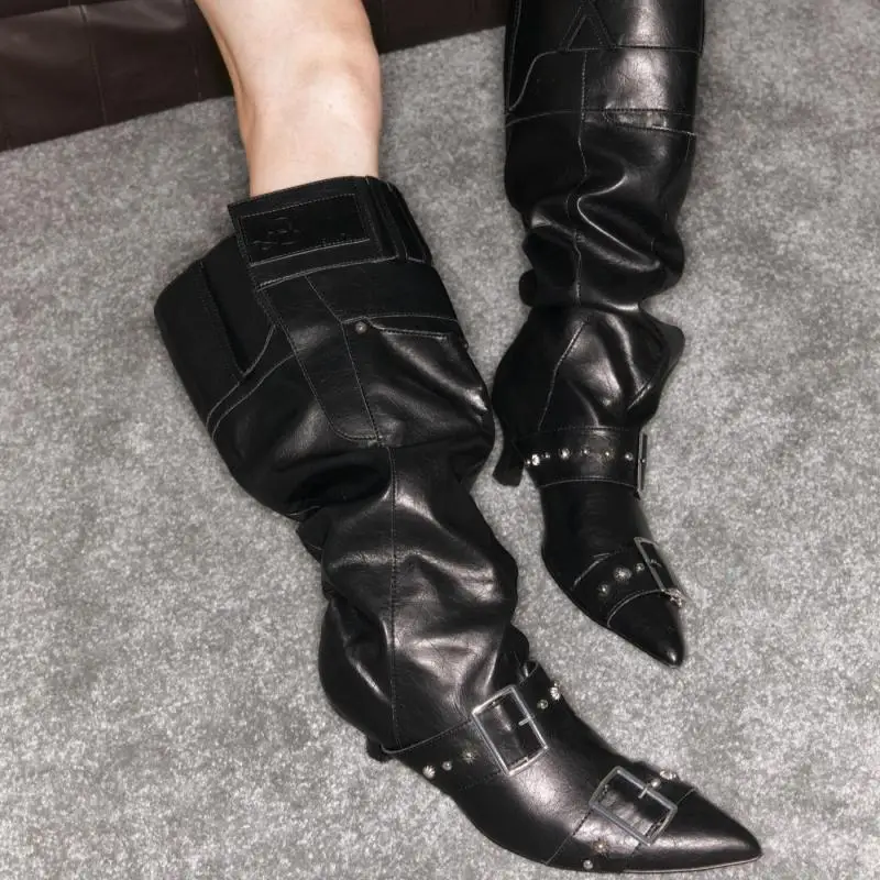 Big Tube Circumference Heavy Industry Fashionable Stacking Boots Long Boots Pleated Fashion Retro Polished High Knight Boots