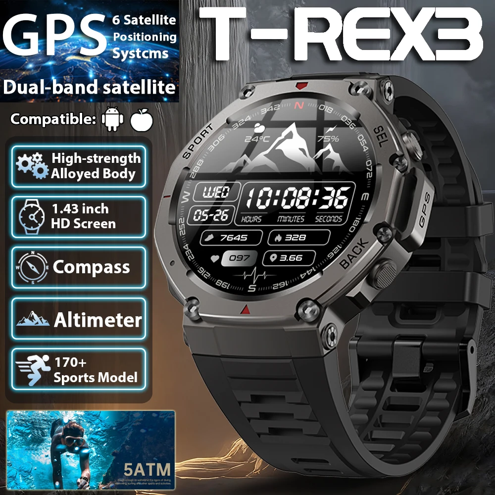 

T-Rex 3 Ultra GPS Смарт-часы 5 АТМ Водонепроницаемые Встроенный двухдиапазонный GNSS Компас Военный Высотомер Спортивные Смарт-часы Мужчины 2025 Новинка