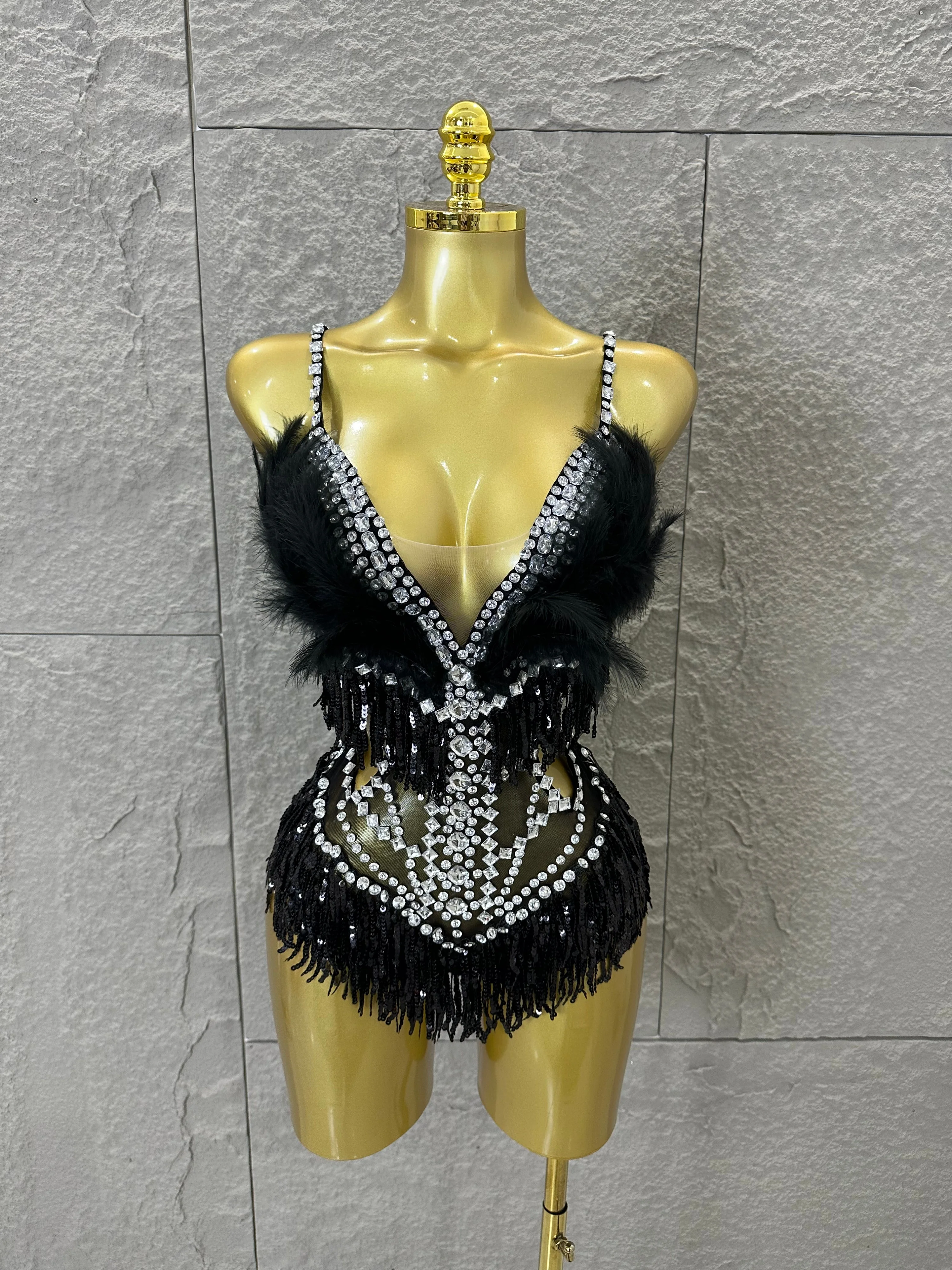 Luxurious Sheer Mesh Bodysuit Women Sexy Crystal Embellished Feather Fringe Trim Spaghetti Strap Outfit Stage Performance Outfit