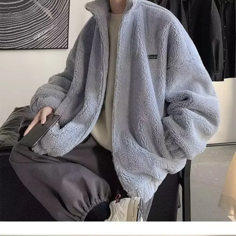 

Новая зимняя бархатная куртка Thiened Lamb для мужчин, модное длинное свободное пальто для школьников-подростков с хлопковой подкладкой и молнией