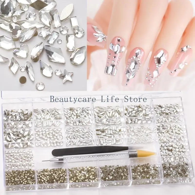 

652C 3D Nail Diamonds White Crystal Flat Back Gem Stones For Nail Art Decoration 5500pcs Mix Round for Rhinestone Set