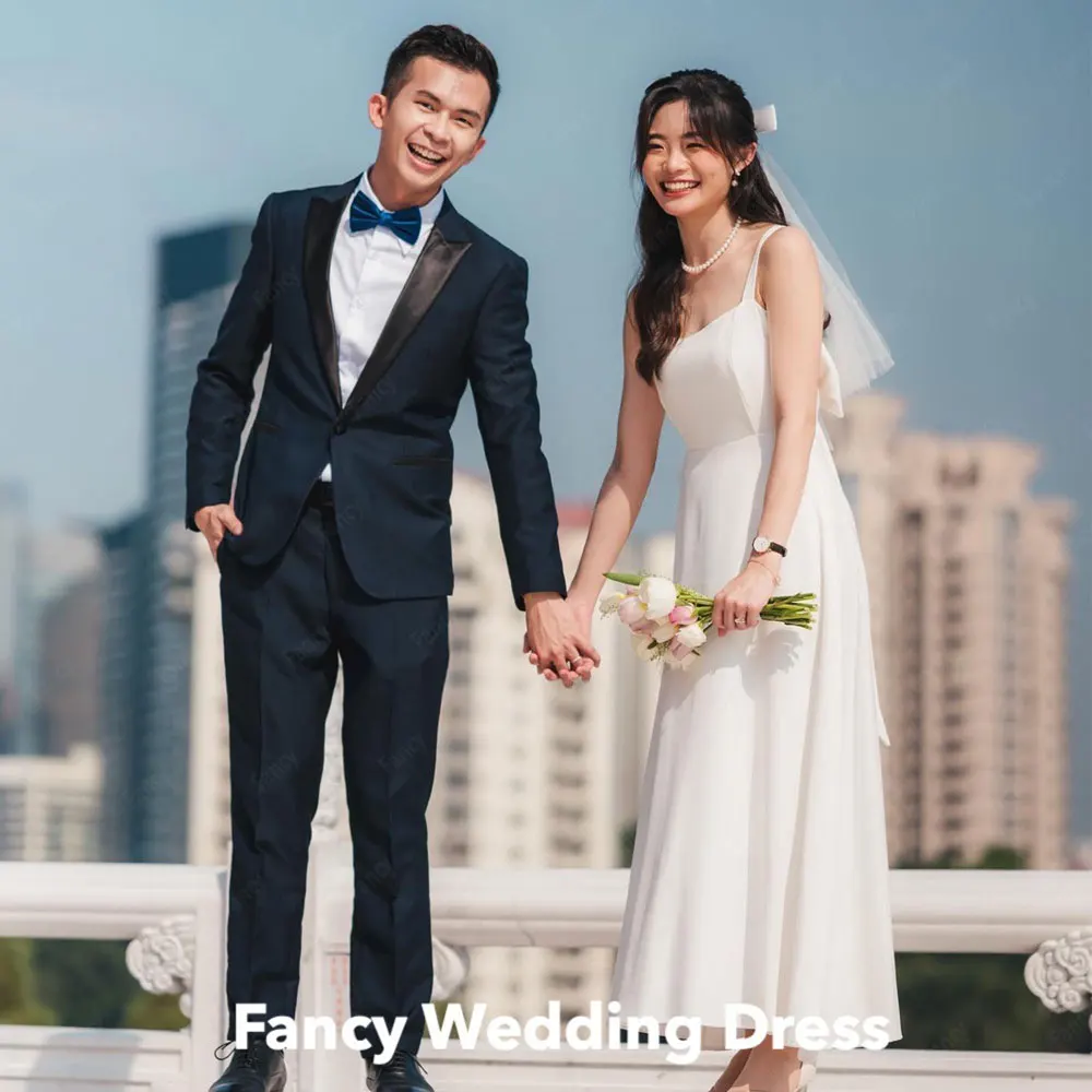 

Fancy Korea Simple Ivory A Line Wedding Dress Photo Shoot Spaghetti Straps Sleeveless Evening Dress Ankle Length Back Bow