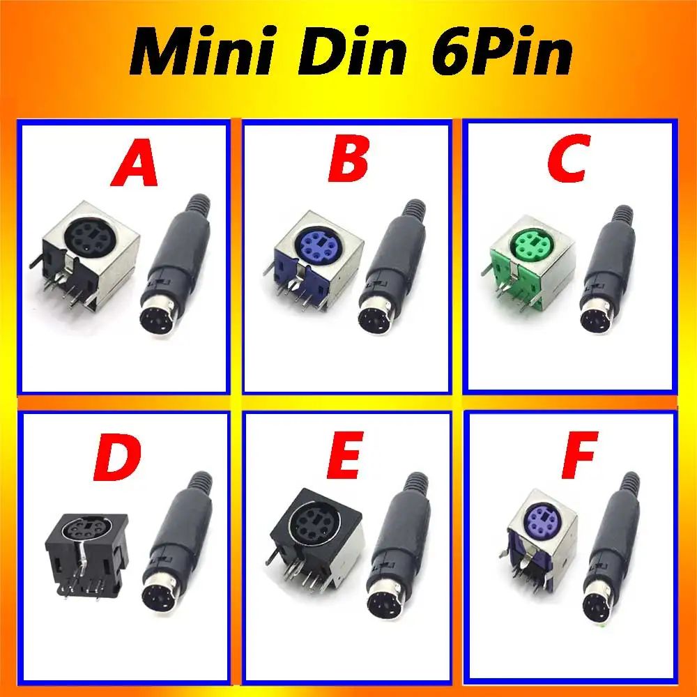 1-10sets Mini Din 6Pin Female+Male Din Sockets MD-SM Shield Right Angle Through Holes PCB Circular Receptacle Connector