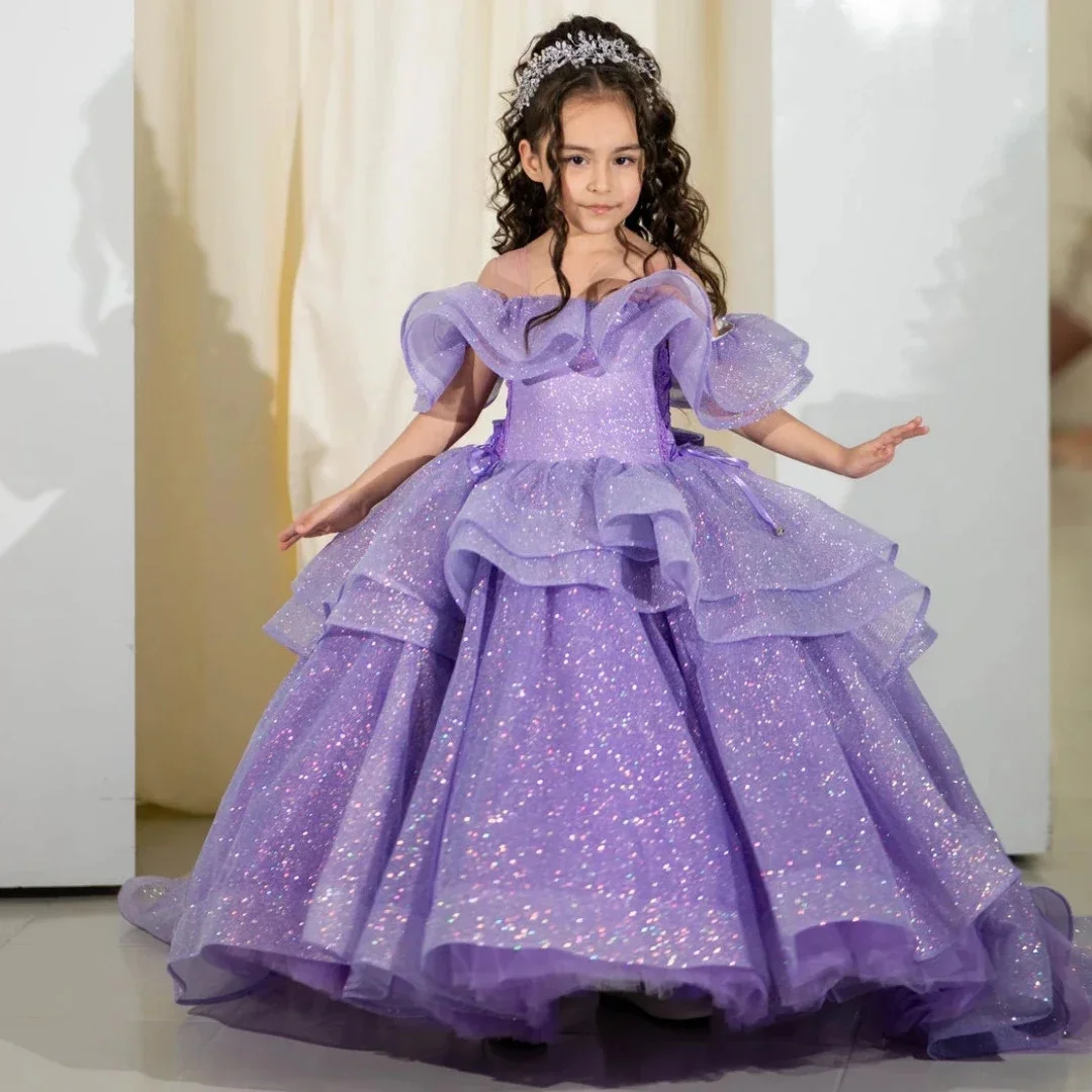 فستان فتاة الزهور من الخزامى مخصص لحفلات الزفاف من التول اللامع وكشكشة أنيقة لحفلات أعياد الميلاد وحفلات التواصل الأول