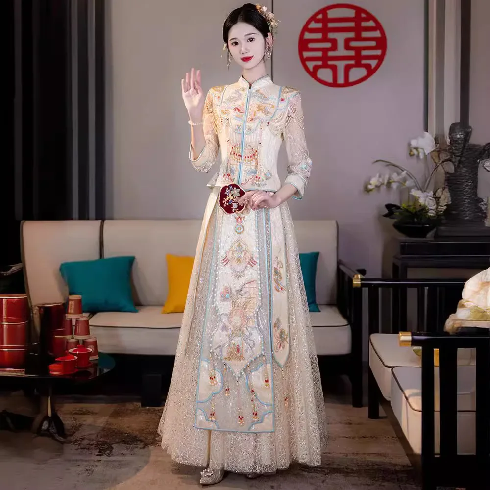 Overseas Chinese Bride Wedding Dress Slim Cheongsam Chinese Style Marriage Set Exquisite Costume Oriental Toast Clothing