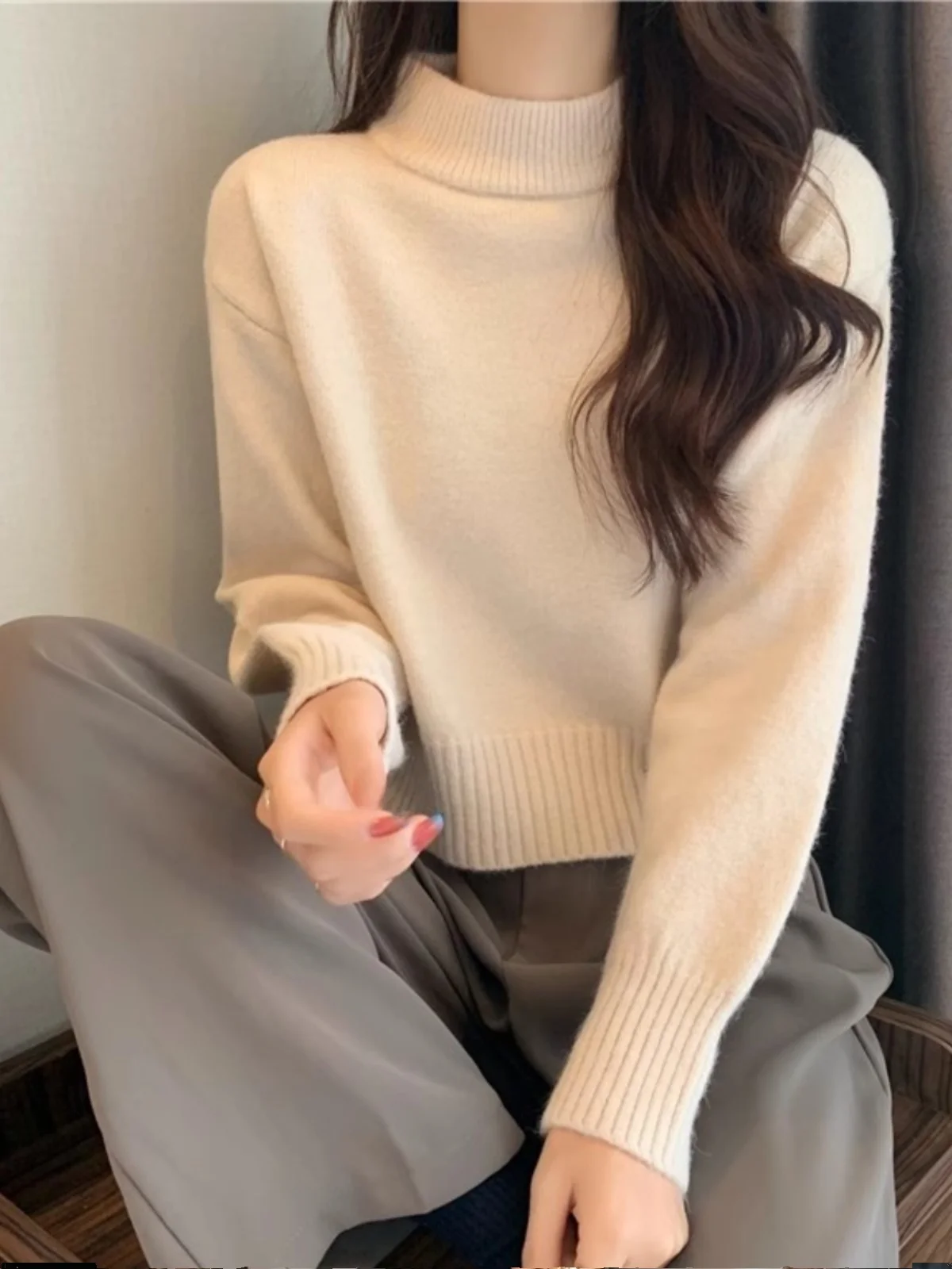 

Thiened ort Knitted Sweater Mid-Ne High Waist Pants Autumn Winter Women's Faion Small Size Inner Wear Commute Sle