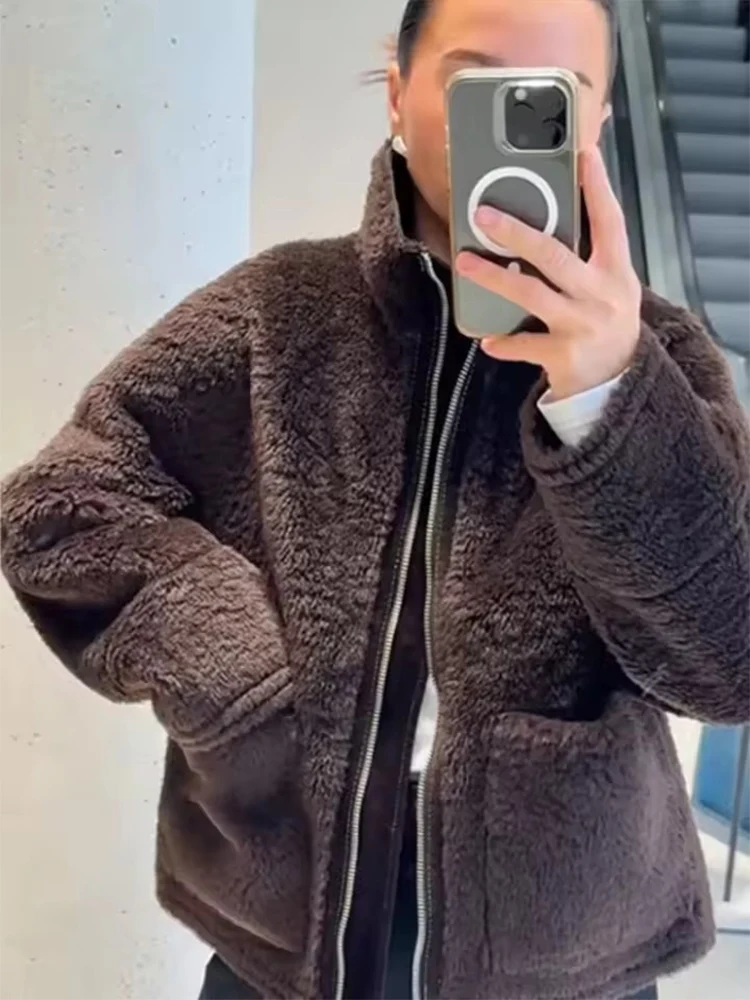 Inverno velo jaqueta feminina com zíper gola solta engrossado jaquetas casaco feminino outono quente novo casual na moda outerwear ﻿