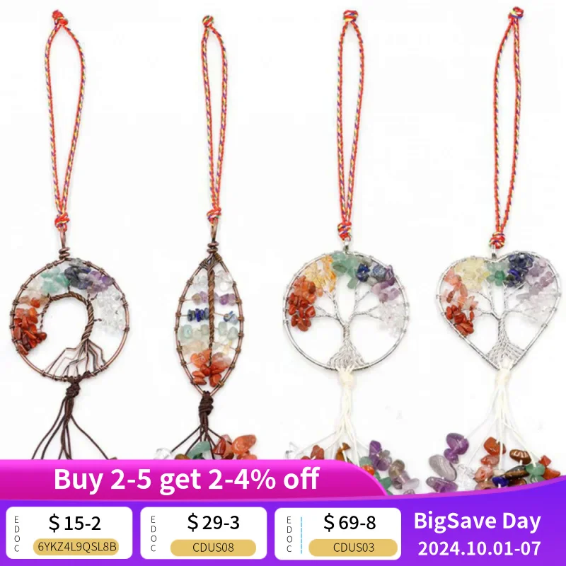 Ethnic Chakela Lucky Tree Jewelry Colorful Natural Stone Wheel Car Hanging Crystal Gravel Tassel Pendant Factory Bulk Wholesale