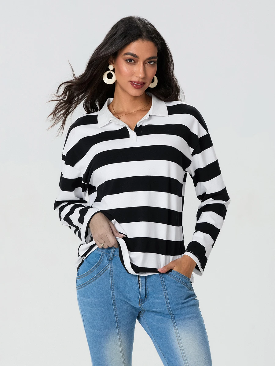 wsevypo Women's Autumn Casual Sweatshirts Classic Patchwork Striped Turn down Collar Long Sleeve Pullovers for Daily Casual