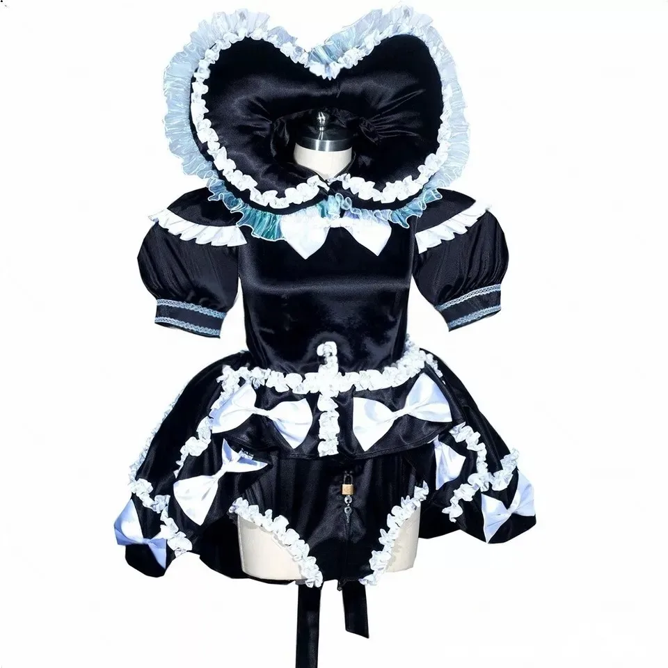 Sexy girl Sissy black satin lockable dress maid cosplay costume Halloween party customizable