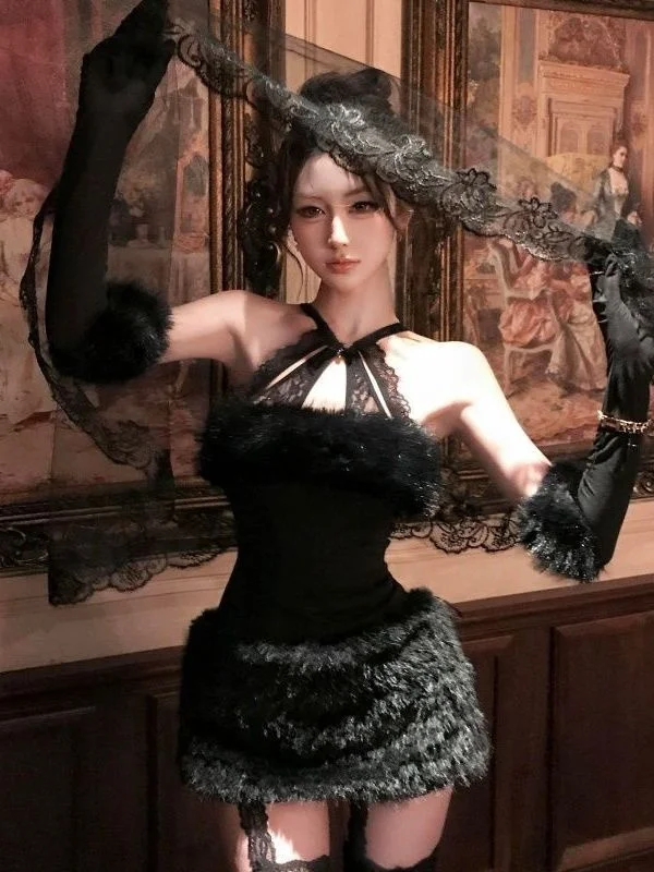 

Elegant Design Sensation Rich Girl Style Fur Top Half-length Short Skirt Autumn Winter New Women Two-piece Set High Waist