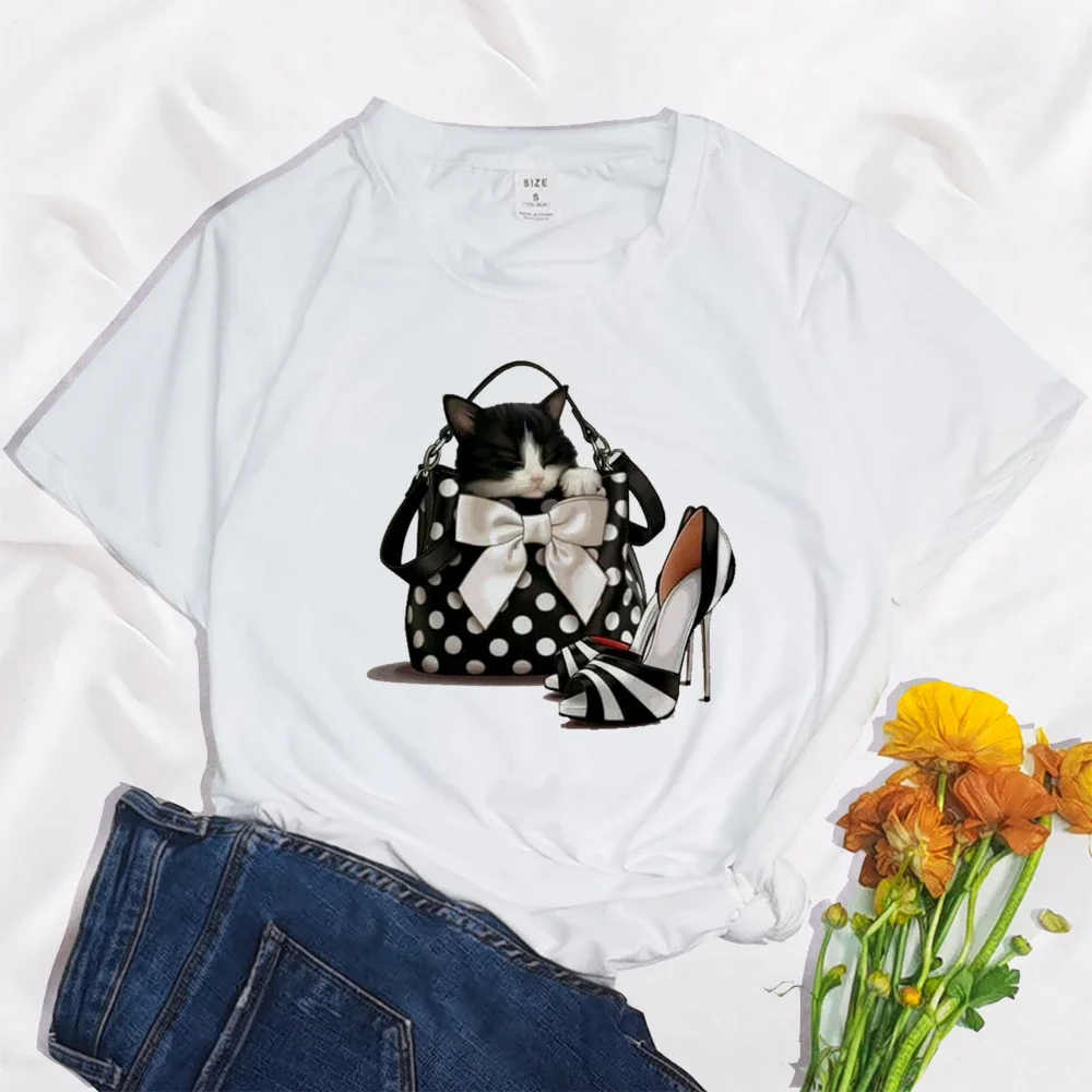 Women T-shirt Pet Dog Fashion Pedras Aplicad Print Top Harajuku Casual  Basic O-collar Short Sleeved White Leisure Clothes Tees