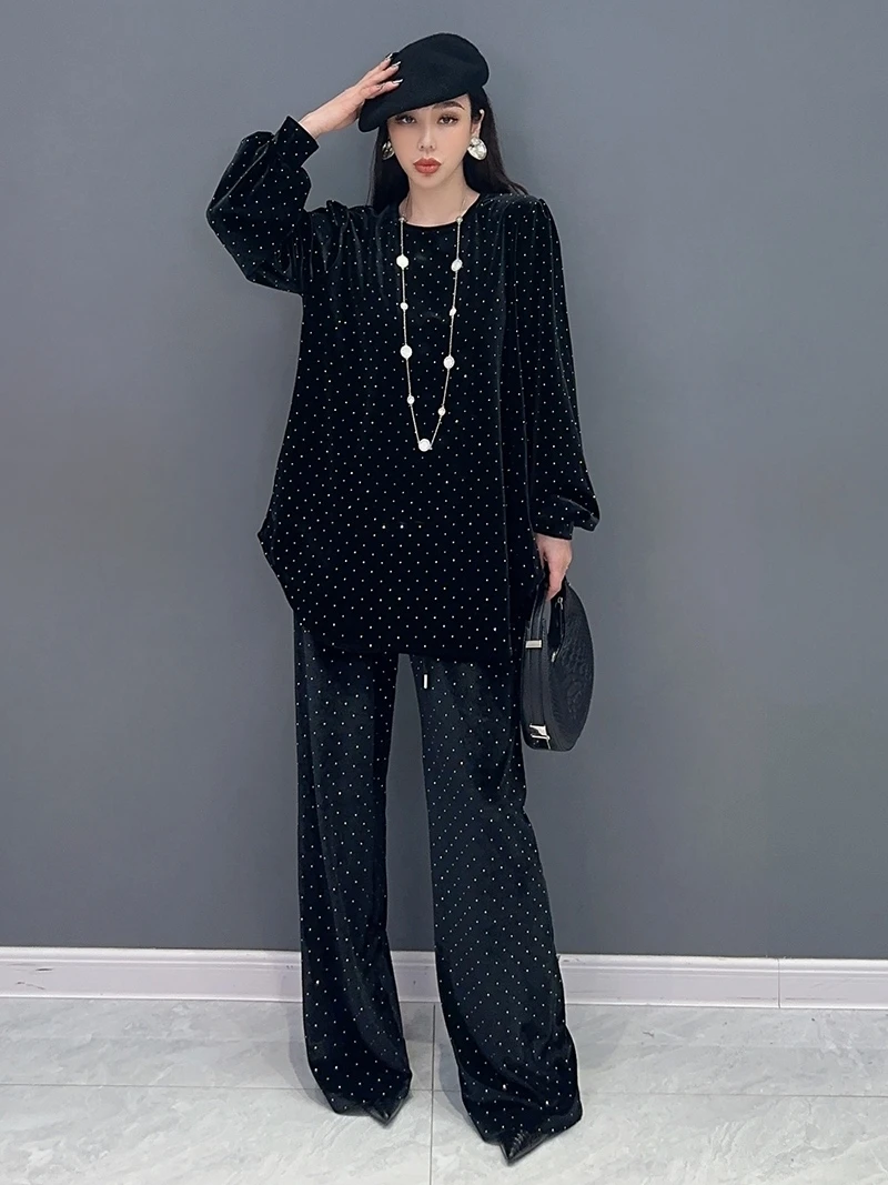 Vefadisa 2024 Autumn New Black Polka Dot Printed Women Matching Set O-Neck Lantern Sleeve Top Wide Leg Pant Two-piece ZXY613A