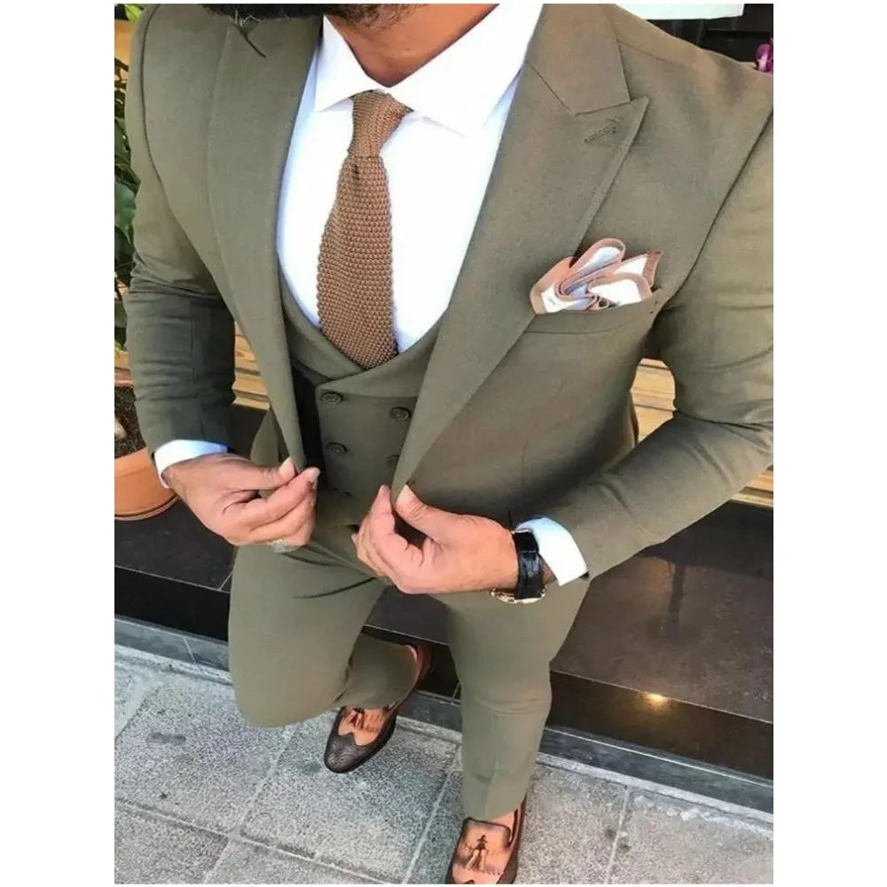 

New In Men's Suits Olive Green Single Breasted Blazer Pants Vest Black Peaked Lapel 3 Pieces Wedding Groom Dresses Tailor Made