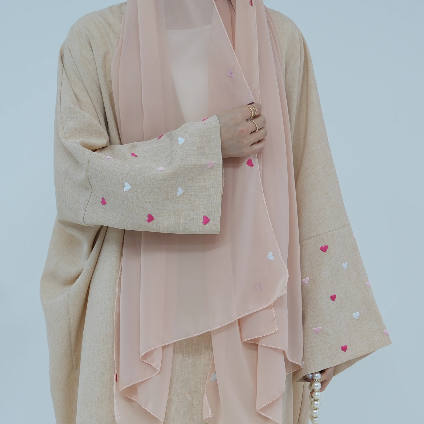 2024 Luxury Love Embroidery Open Front Abaya Women Muslim Dress linen Dubai Cardigan Robe+Scraf Hijab Set Islamic Clothes LR712