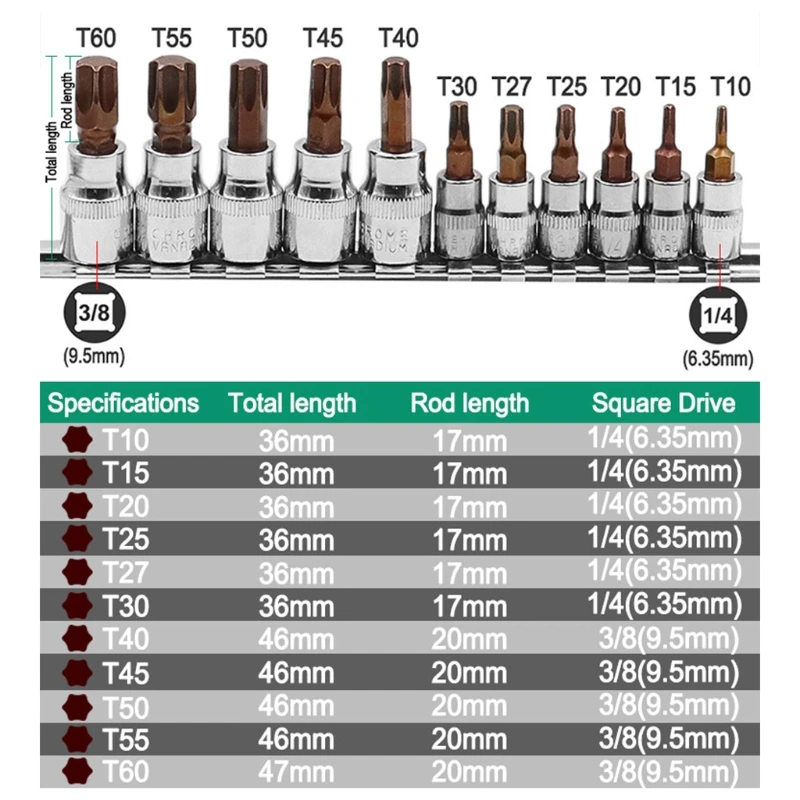 3/8" 1/4" Star Hexagonal Torx Bit Socket Vanadium Steel Wrenches Nut Driver Drill Bit Sleeve Tools 11Pcs