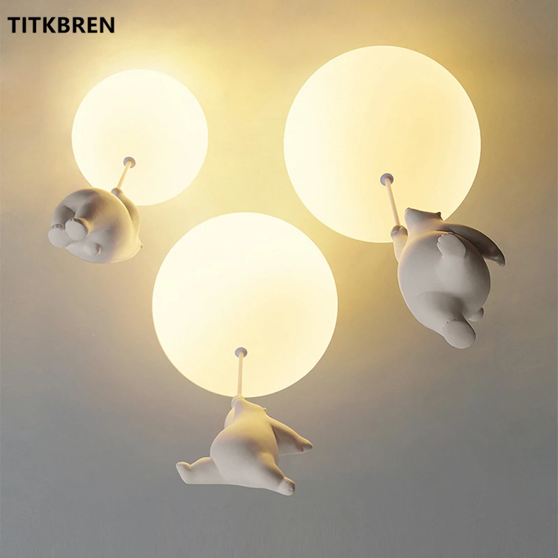 Cartoon Bear LED Ceiling Lights Glass Ball Pendant Lamps Kids Bedroom Nursery Creative Polar Bear Theme Hote Balloon Lighting