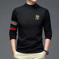 2022 Spring New Semi-high Collar Needle Sweater Men's Embroidery Bottom Fashion Chinese Youth Korean Casual Long Sleeve Sweater