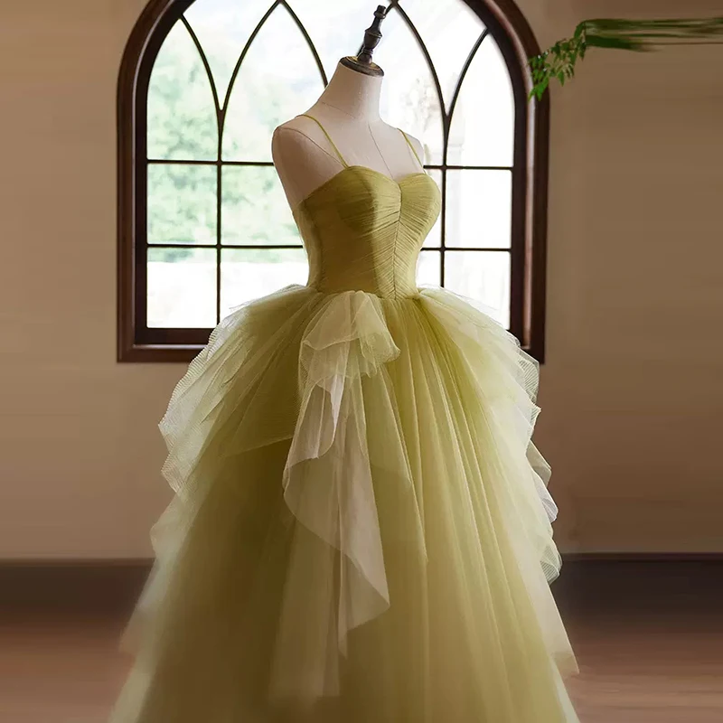 AnXin SH princesa encaje verde correa de espagueti sin mangas volantes vestido de baile con cordones fiesta larga novia vestido de noche personalizado