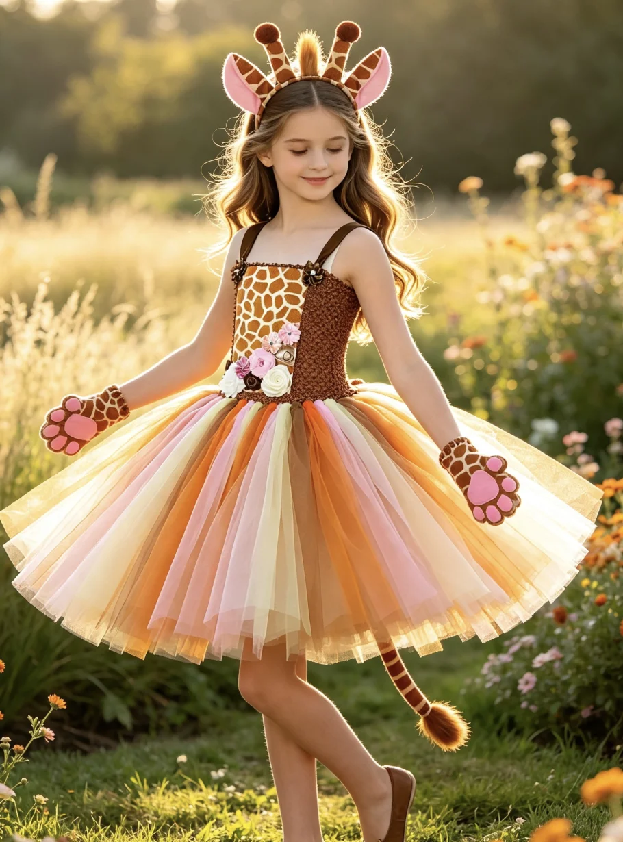 Cartoon Cute Giraffe Sleeveless Animal Jungle Themed Dress With Headband Tail Set Halloween Holiday Party Stage Performance Wear