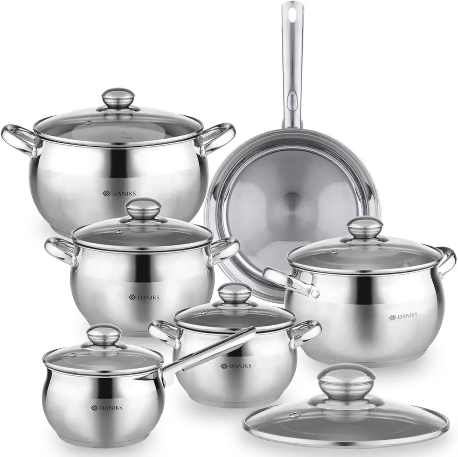 

Classic 12-Piece Stainless Steel Cookware Set with Saucepan and Frying Pan, Glass Lids, Induction Compatible, Dishwasher Safe