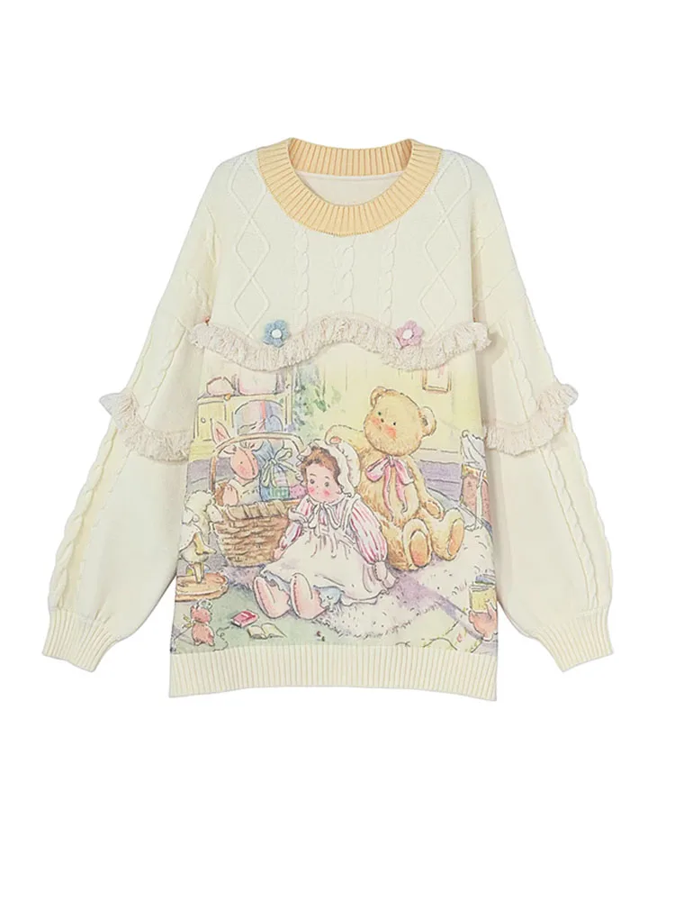 

2000s Aesthetic Fashion Hand Painted GraphicKnitted Sweater Vintage O-Neck Pullovers Lantern Sleeve Chic Mori Girl Streetwear