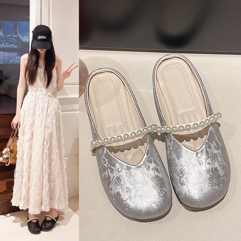 Ladies Jacquard Pearl Strap Mule Flats Round Toe Slip on Backless Chinese Style Daily Wedding Elegant Casual Slippers