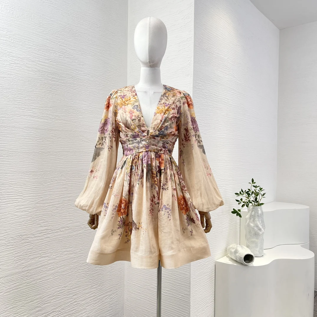 Neue Leinenkollektion 2025, Frühlings-Minikleid mit pfirsichfarbenem Blumendruck, langen Ärmeln und