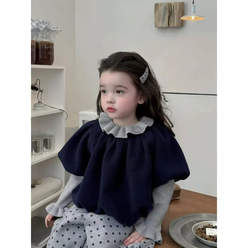 

Girls' Outfit Korean Style Sweet Lace Knitted Sweater Winter Children's Fashionable Blue Top Polka Dot Lantern Pants