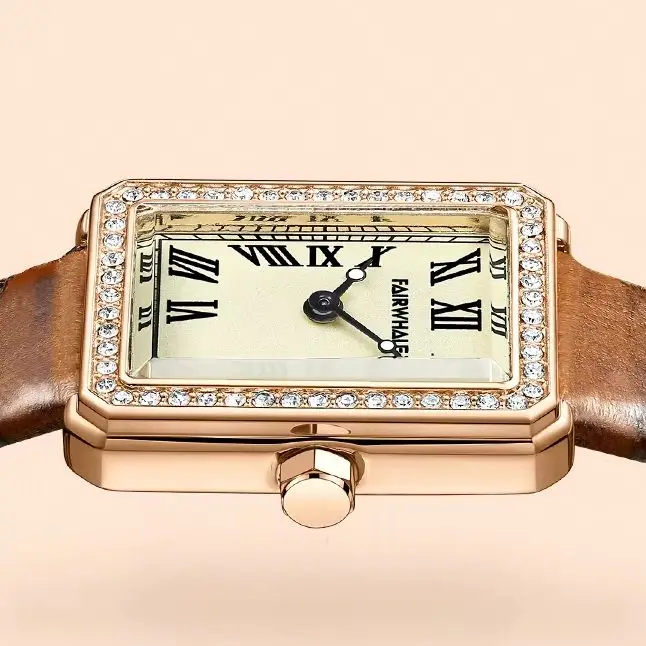 Fairwhale Trend Roman Diamond Rectangle Women's Watch with Brown Leather Strap - Waterproof Fashion 2025 Mark