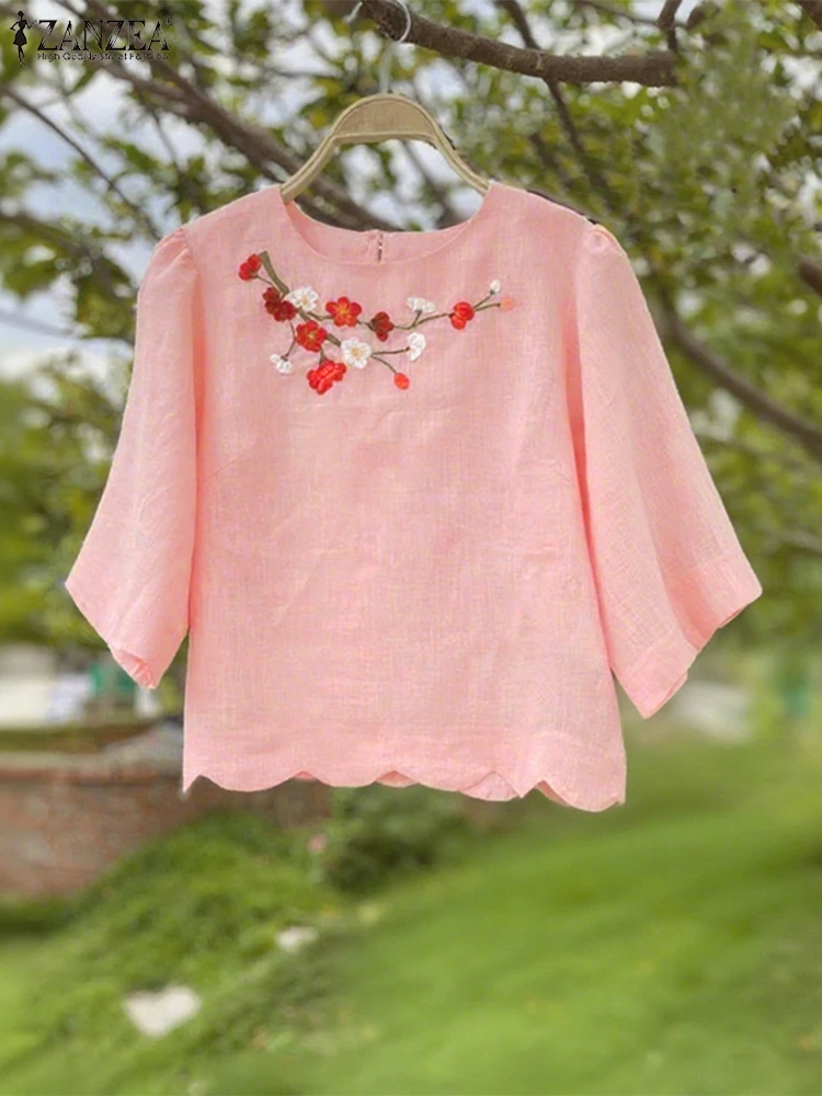 

Vintage Shirts ZANZEA Women Summer 3/4 Sleeve Embroidery Blouses Casual O Neck Wave Cut Blusas Female Work OL Tops Oversize 2025