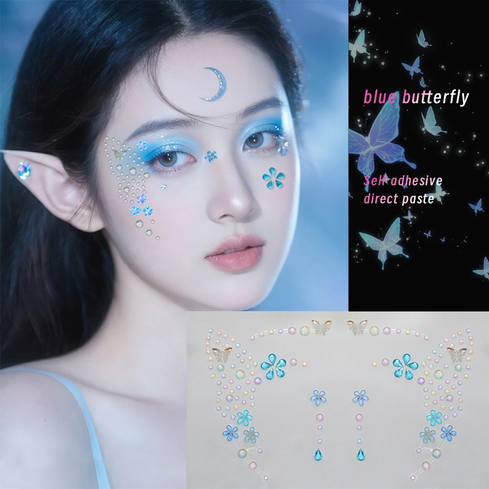 

2Pcs 3D Blue Butterfly Flower Crystal Face Tattoo Stickers Sparkling Gems Self-adhesive Decals Makeup Party Festival Body Jewels
