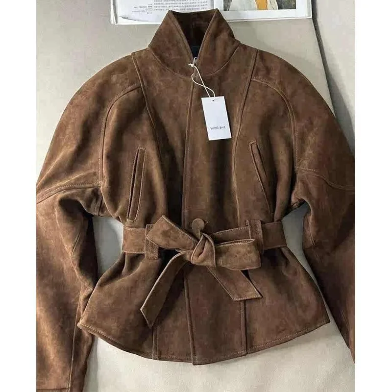 

Coffee Color Suede Fabric Alineated Short Coat Korean-style Stylish and Mature Windproof Coat Jackets for Women Spring/autumn