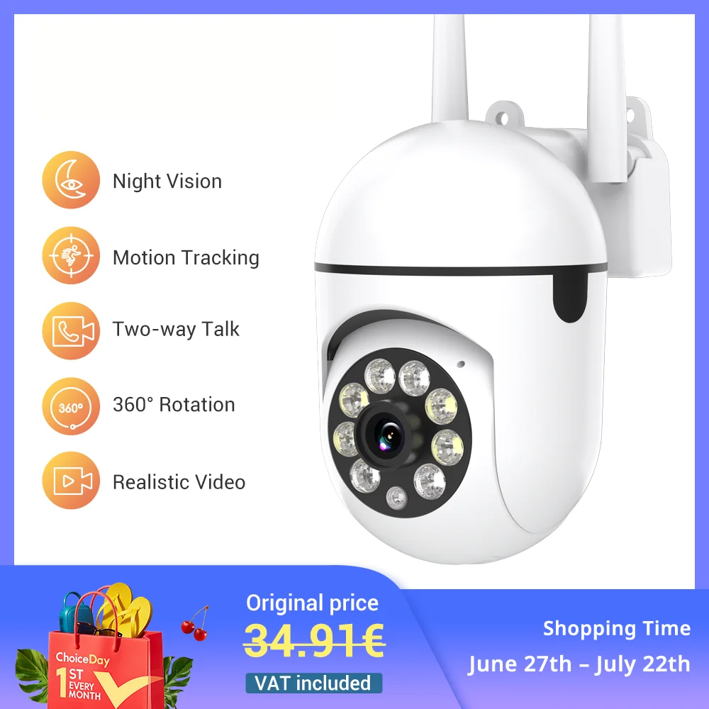 Ease Life APP Cámara de seguridad WiFi inalámbrica 1080P HD para interiores/exteriores, visión nocturna en color, audio bidireccional, 360 ° Negro Y108