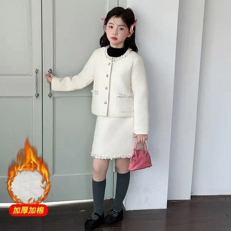 5-15 Years French Fashion White Girls Winter Outfit Pearl Thick Cotton Coat Skirt 2Pcs High End Kids Clothes Set 120-170cm